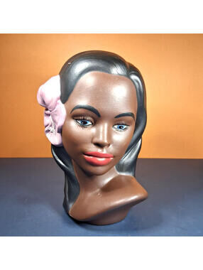Vintage Marwal Style Chalkware Hawaiian Blue Eyes Hula Girl Hibiscus Head Bust
